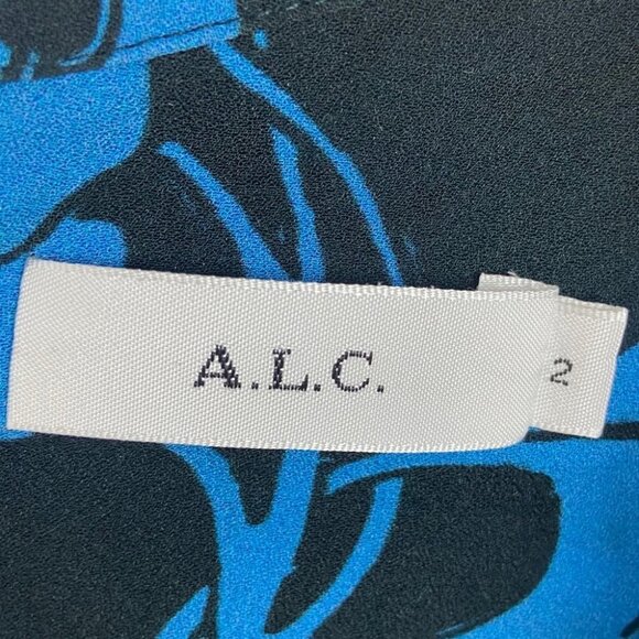 ALC 100% Silk Josephine Blue Floral Print Short Sleeve Top Size 2 Off Shoulder - Picture 4 of 10